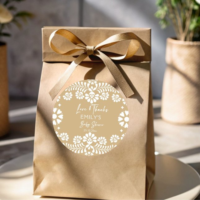 Pegatina Redonda Ducha de bebé mexicana Cielito lindo beige (Cielito lindo beige Mexican fiesta papel picado baby shower thank you favor Stickers printed sticker)