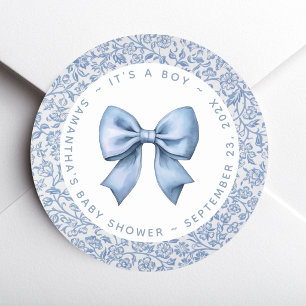 Pegatina Redonda Ducha de Bebé Niño Arco Floral Azul y Blanco