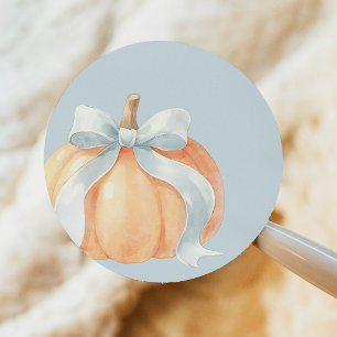 Pegatina Redonda Ducha de bebé Niño Calabaza Lazo Azul