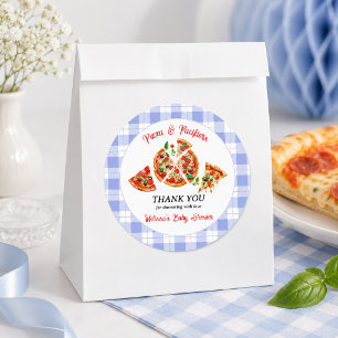 Pegatina Redonda Ducha de bebé niño de cuadros azules Pizza y chupe