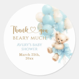 Pegatina Redonda Ducha de bebé niño globo azul lazo oso de peluche