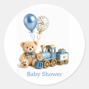 Pegatina Redonda Ducha de bebé niño Oso de peluche Azul Dorado Tren