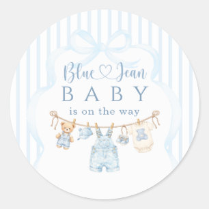 Pegatina Redonda Ducha de bebé niño raya moderna Jean Azul