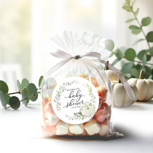 Pegatina Redonda Ducha de bebé otoñal de calabaza eucalipto verde