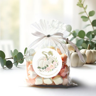 Pegatina Redonda Ducha de bebé otoñal de calabaza floral rosa