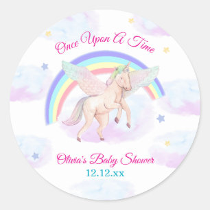 Pegatina Redonda Ducha de bebé Pastel Arcoíris Unicornio Estrella C