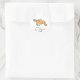 Pegatina Redonda Ducha de Bebé Personalizada Tortuga Marina Acuarel