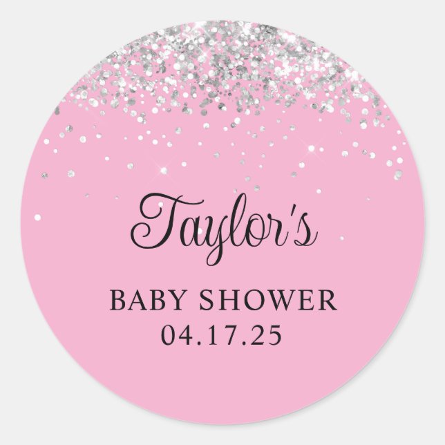 Pegatina Redonda Ducha de bebé rosa claro con brillo plateado (Anverso)