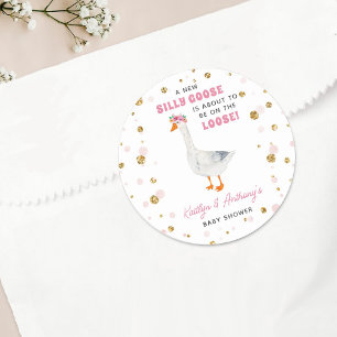Pegatina Redonda Ducha de Bebé Silly Goose Rosa Acuarela Niñas
