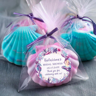 Pegatina Redonda Ducha de Bebé Sirena Bajo el Mar Púrpura Turquesa