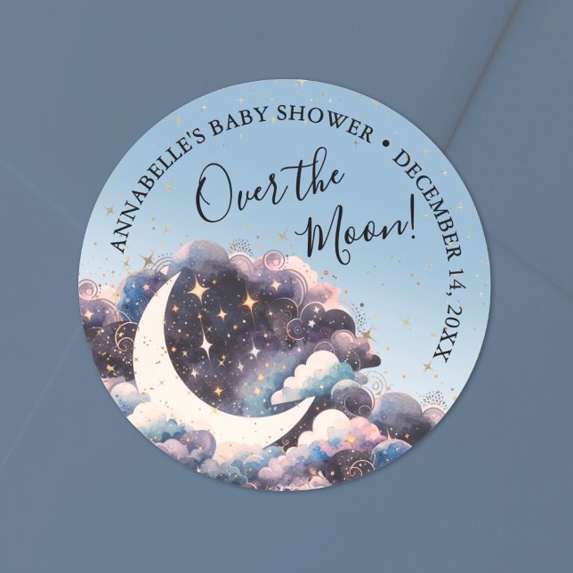 Pegatina Redonda Ducha de Bebé Sobre La Luna (Over The Moon Baby Shower Classic Round Sticker)