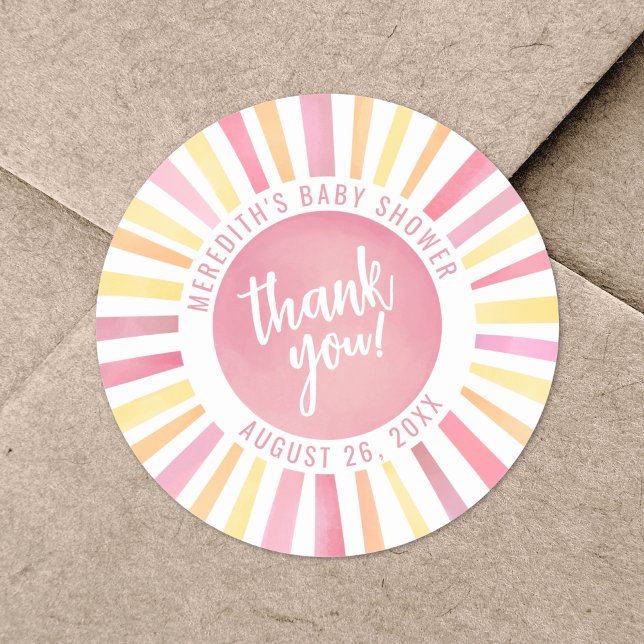 Pegatina Redonda Ducha de Bebé Sol Rosa (Pink Sun Baby Shower Classic Round Sticker)