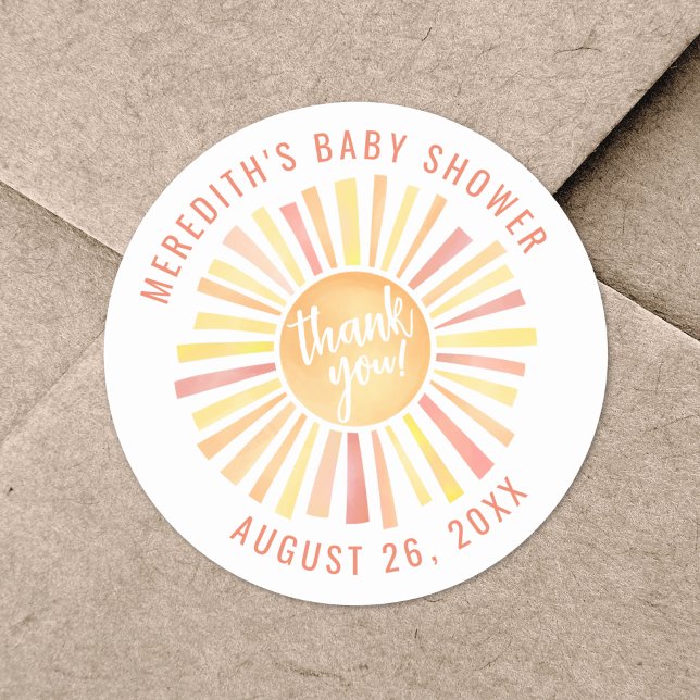 Pegatina Redonda Ducha de Bebé Sunshine Gracias (Sunshine Baby Shower Thank You Classic Round Sticker)