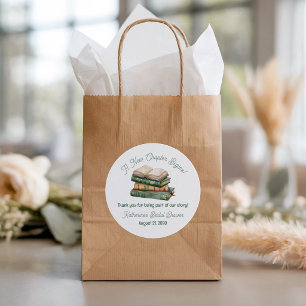 Pegatina Redonda Ducha de Boda con Tema de Libros en Verde Salvia y
