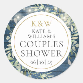 Pegatina Redonda Ducha de Boda de Pareja con Monograma Rústico y Ve