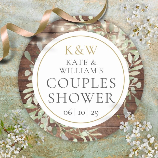 Pegatina Redonda Ducha de Boda de Pareja con Monograma Rústico y Ve (Rustic Monogram Greenery Couples Wedding Shower Classic Round Sticker)