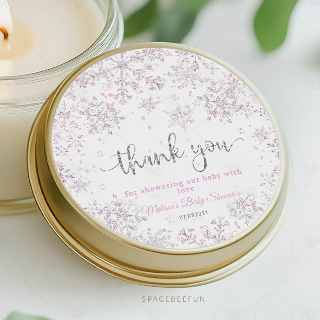 Pegatina Redonda Ducha de invierno con copo de nieve (snowflake baby shower,sticker thank you,invitation,winter baby shower,baby shower,snowflake theme,wi)