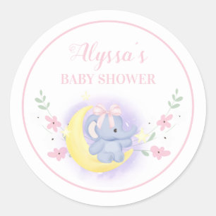 Pegatina Redonda Ducha de niña bebé elefante azul rosa lindo luna