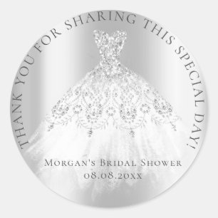 Pegatina Redonda Ducha de Novia 16º Agradecimiento Brillo Gris Plat