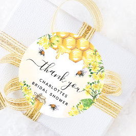 Pegatina Redonda Ducha de novia abeja agradecimiento floral amarill
