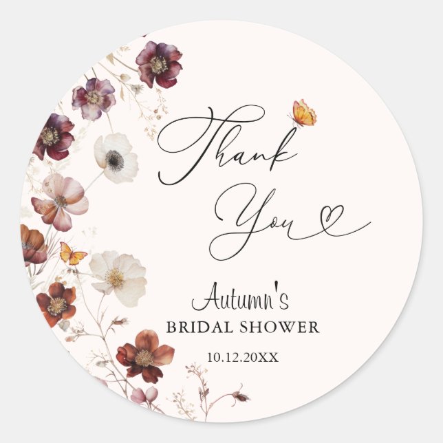 Pegatina Redonda Ducha de Novia Boho Florales de Otoño  (Anverso)
