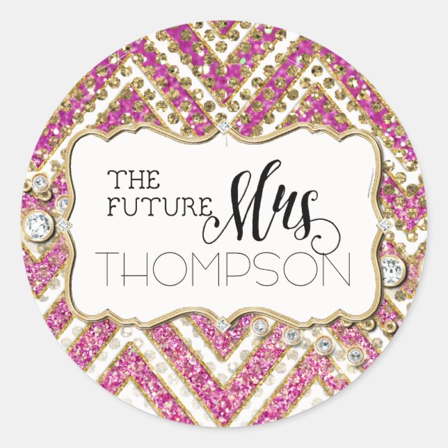 Pegatina Redonda Ducha de novia Chevron Purpurina de joyas a rayas  (Anverso)