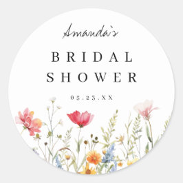 Pegatina Redonda Ducha de Novia con Acuarela de Flores Silvestres