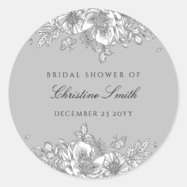 Pegatina Redonda Ducha de Novia con Arte de Línea Floral Gris