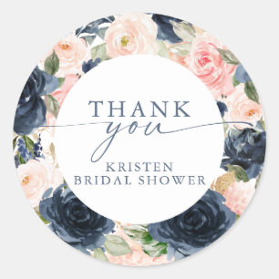 Pegatina Redonda Ducha de Novia con Borde Floral Rosa de Acuarela y