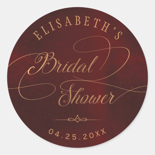 Pegatina Redonda Ducha de novia con caligrafía dorada burgundy (Anverso)
