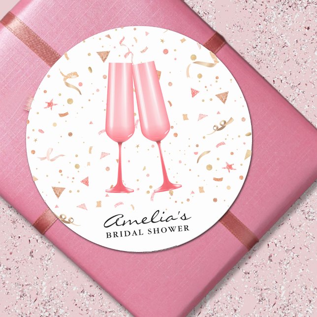 Pegatina Redonda Ducha de Novia con Champán Rosado (Pink champagne bridal shower 3" round stickers)