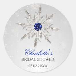 Pegatina Redonda Ducha de novia con copos de nieve Royal Blue de pl