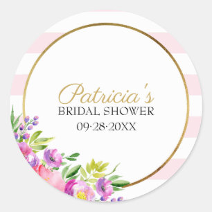 Pegatina Redonda Ducha de Novia con Diseño Floral Acuarela Rosa y D