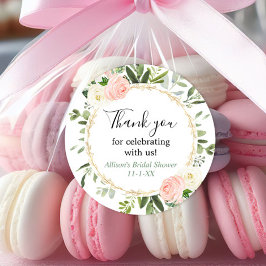 Pegatina Redonda Ducha de novia con eucalipto rosa de oro verde