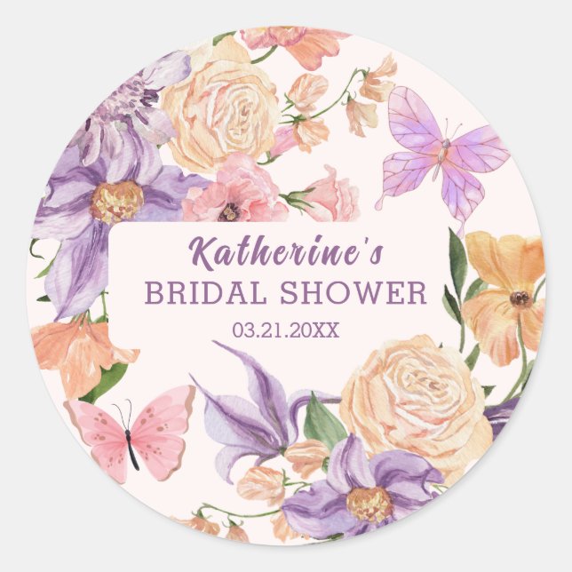 Pegatina Redonda Ducha de Novia Cute Floral Él Me Da Mariposas (Anverso)