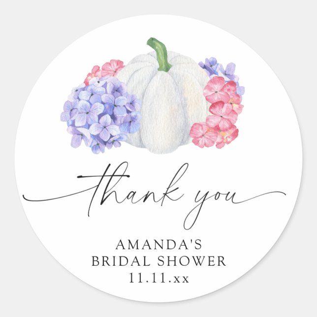 Pegatina Redonda Ducha de novia de calabaza blanca y flores de hort (Anverso)