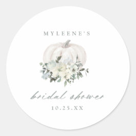Pegatina Redonda Ducha de novia de calabaza floral blanca y gris