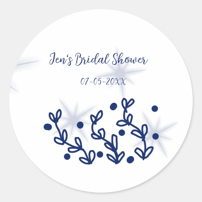 Pegatina Redonda ducha de novia de lujo real hojas de estrellas azu (Anverso)