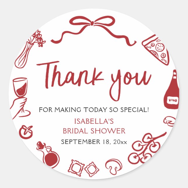 Pegatina Redonda Ducha de Novia de Pasta de Pizza Dibujada a Mano I (Anverso)