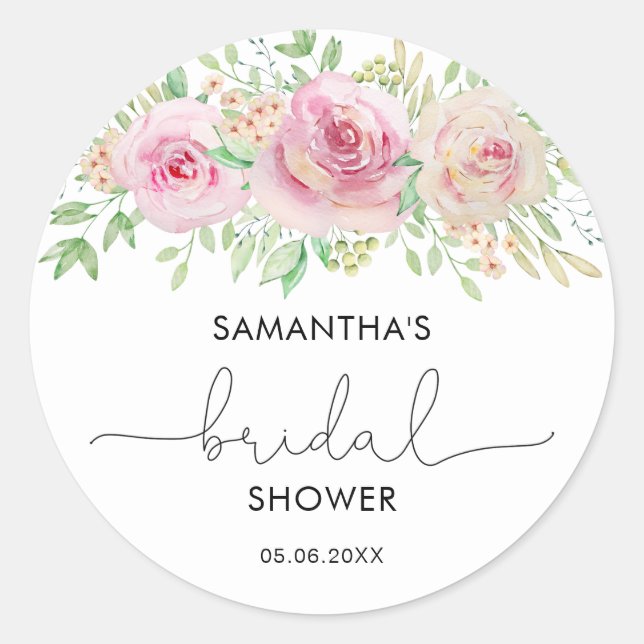 Pegatina Redonda Ducha de novia de rosas elegantes (Anverso)