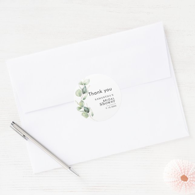 Pegatina Redonda Ducha de Novia de Verde Eucalipto de Agradecimient (Sobre)