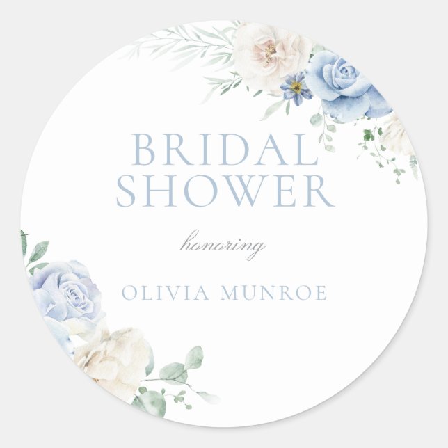 Pegatina Redonda Ducha de Novia Floral Blanca y Azul Botánica (Anverso)