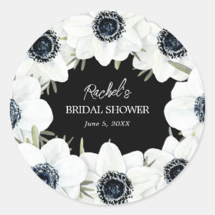 Pegatina Redonda Ducha de novia floral blanca y negra