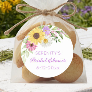 Pegatina Redonda Ducha de Novia Floral Boho Girasol Margarita