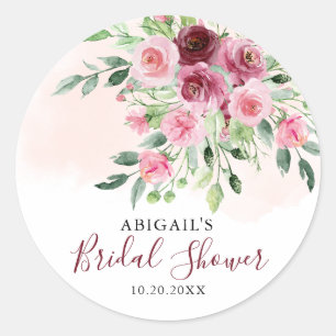 Pegatina Redonda Ducha de Novia Floral Borgoña