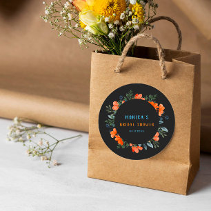 Pegatina Redonda Ducha de Novia Floral Botánica Negra