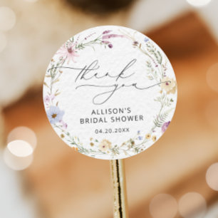 Pegatina Redonda Ducha de Novia Floral de Flores Silvestres Acuarel