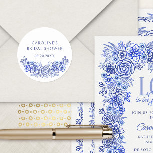 Pegatina Redonda Ducha de novia floral francesa azul