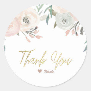 Pegatina Redonda Ducha de Novia Floral Moderna Verde Menta y Rosa
