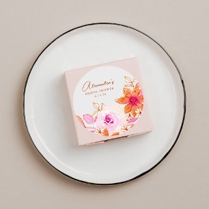 Pegatina Redonda Ducha de Novia Flores Boho Acuarela Rosa Naranja
